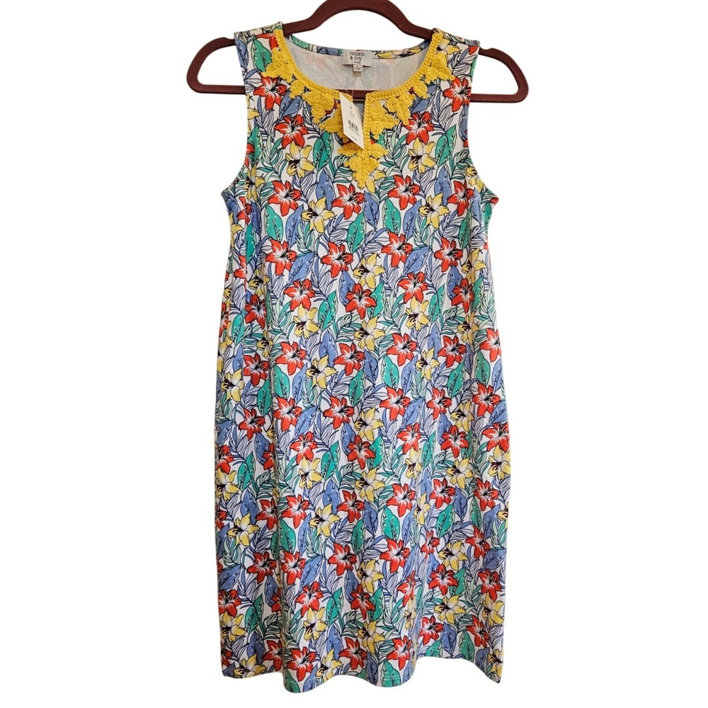 Crown‎ & Ivy Kids Girls XL Floral Shift Dress Sleeveless Crochet Neck Multicolor